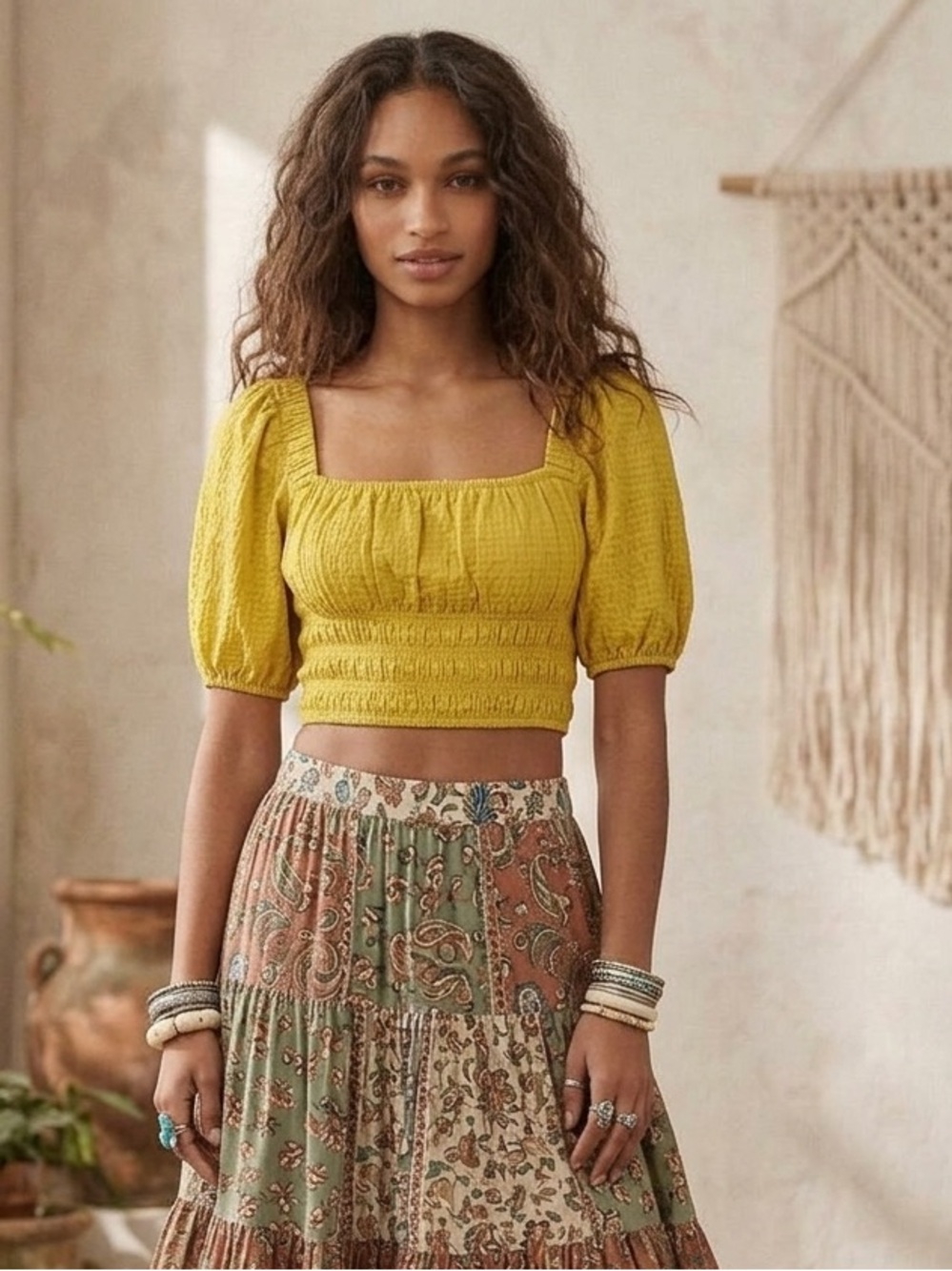 Urban Outfitters Miji Mustard Yellow Smocked Crop Top Puff Sleeve Size M